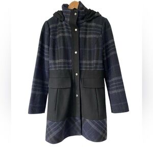 Guess Hooded Plaid Wool Blend Coat, Size M